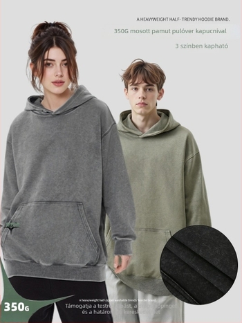 Washed distressed kapucnis pulóver, 350 g pamutkeverék, laza szabású, férfiaknak