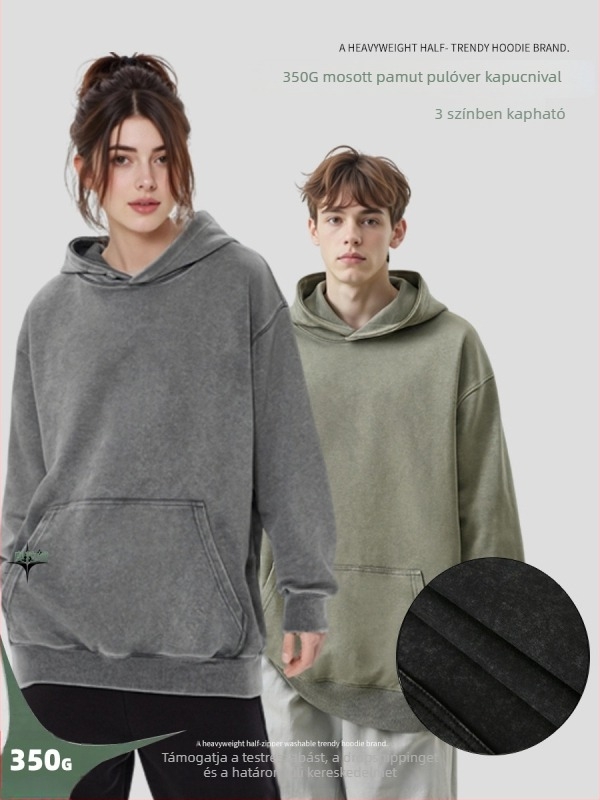 Washed distressed kapucnis pulóver, 350 g pamutkeverék, laza szabású, férfiaknak