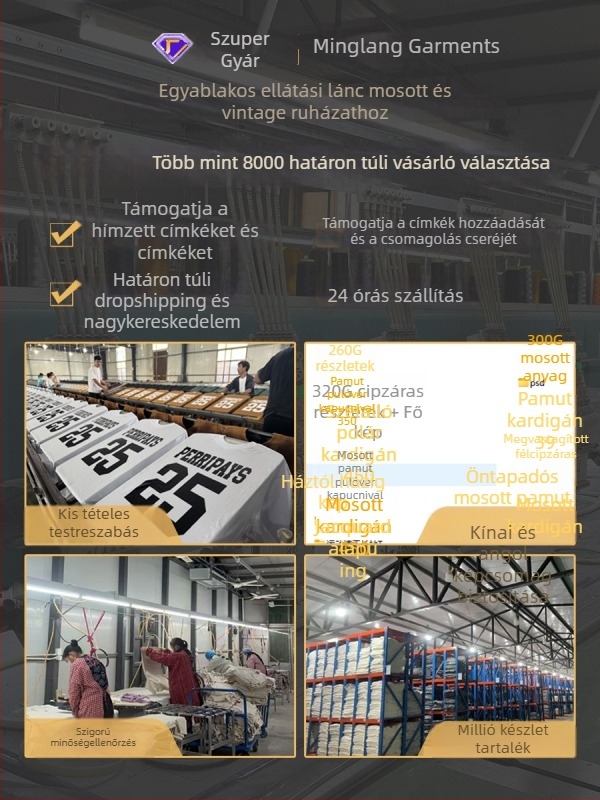 Washed distressed kapucnis pulóver, 350 g pamutkeverék, laza szabású, férfiaknak
