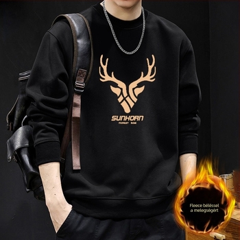 Férfi kereknyakú pulóver fleece-béléssel, őszi-téli streetwear stílusú külső ruházat