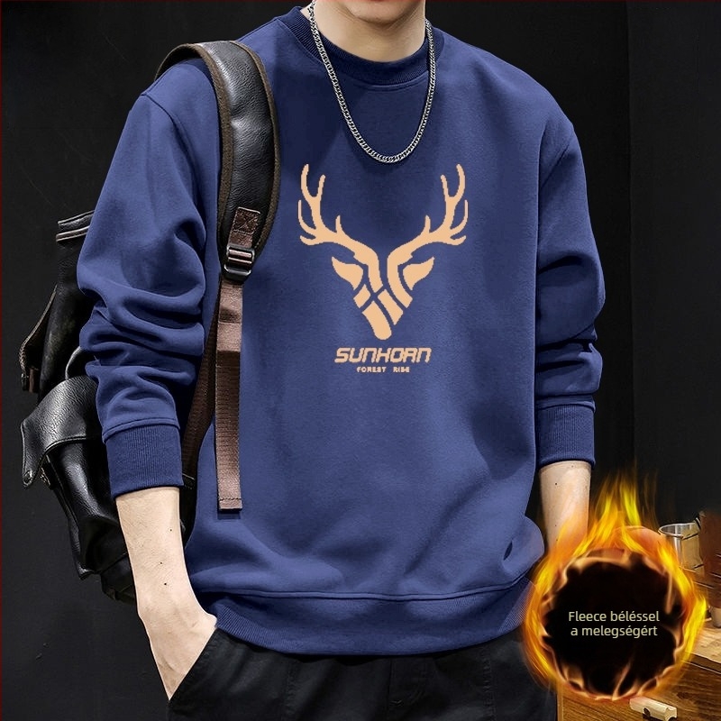 Férfi kereknyakú pulóver fleece-béléssel, őszi-téli streetwear stílusú külső ruházat
