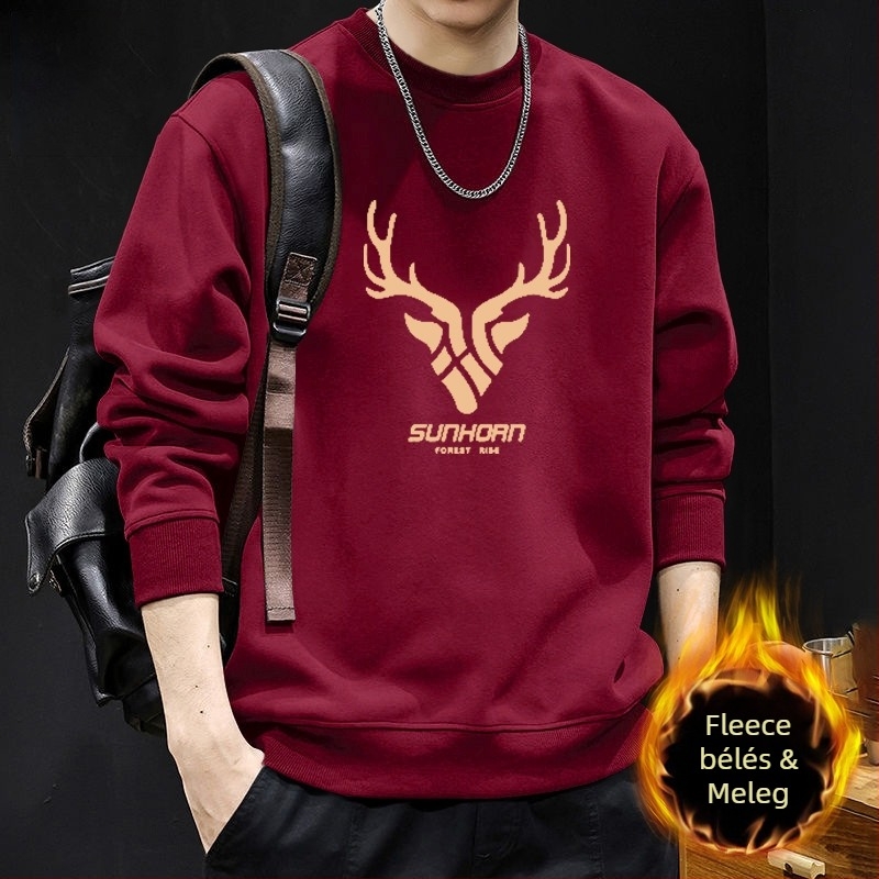 Férfi kereknyakú pulóver fleece-béléssel, őszi-téli streetwear stílusú külső ruházat