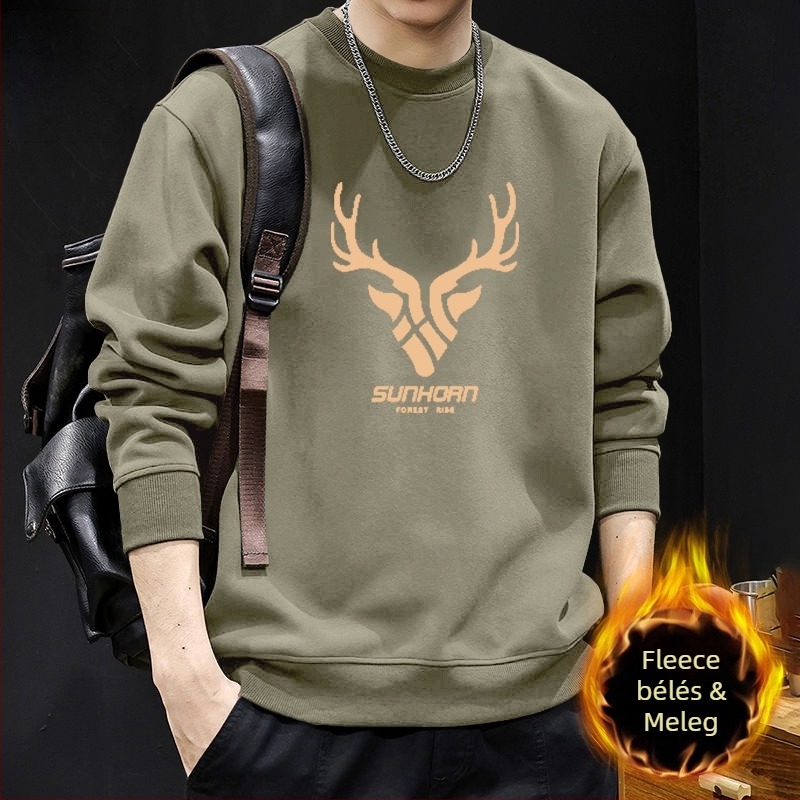 Férfi kereknyakú pulóver fleece-béléssel, őszi-téli streetwear stílusú külső ruházat