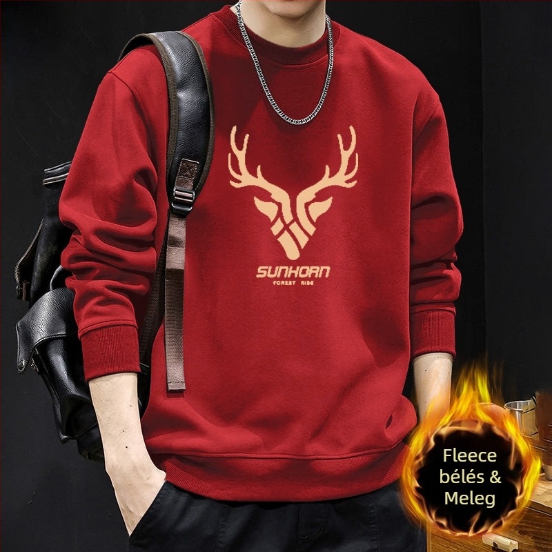 Férfi kereknyakú pulóver fleece-béléssel, őszi-téli streetwear stílusú külső ruházat