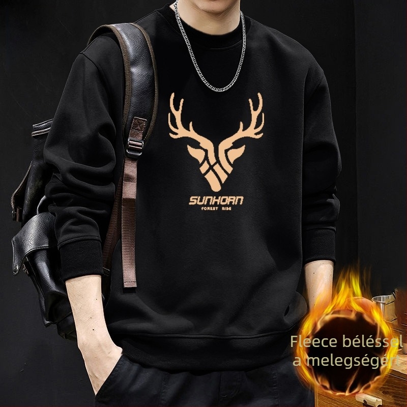 Férfi kereknyakú pulóver fleece-béléssel, őszi-téli streetwear stílusú külső ruházat