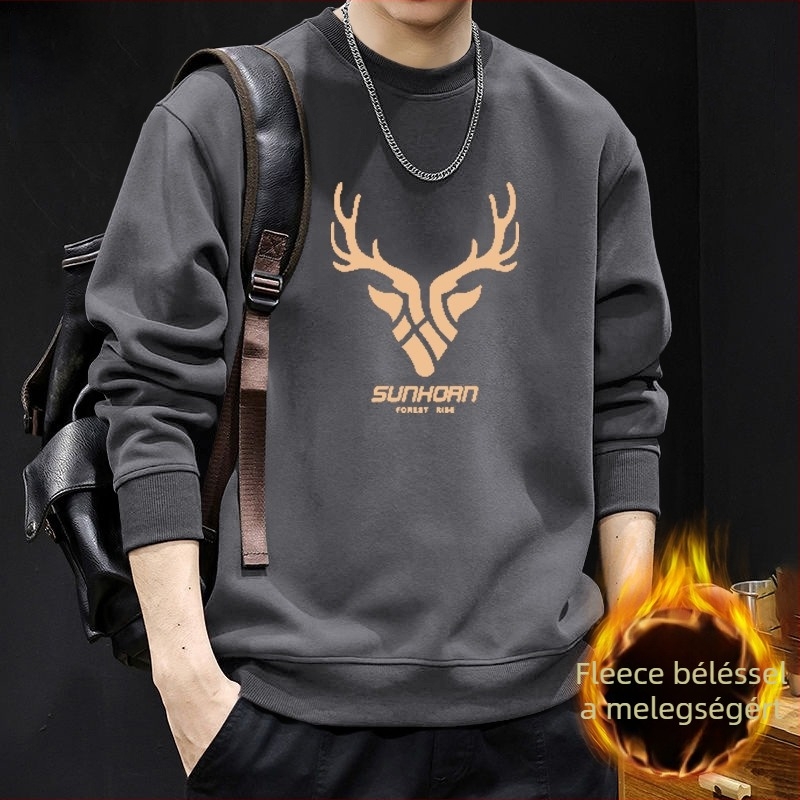 Férfi kereknyakú pulóver fleece-béléssel, őszi-téli streetwear stílusú külső ruházat