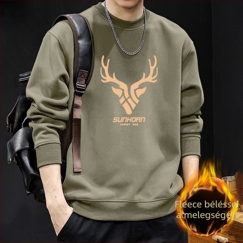 Férfi kereknyakú pulóver fleece-béléssel, őszi-téli streetwear stílusú külső ruházat