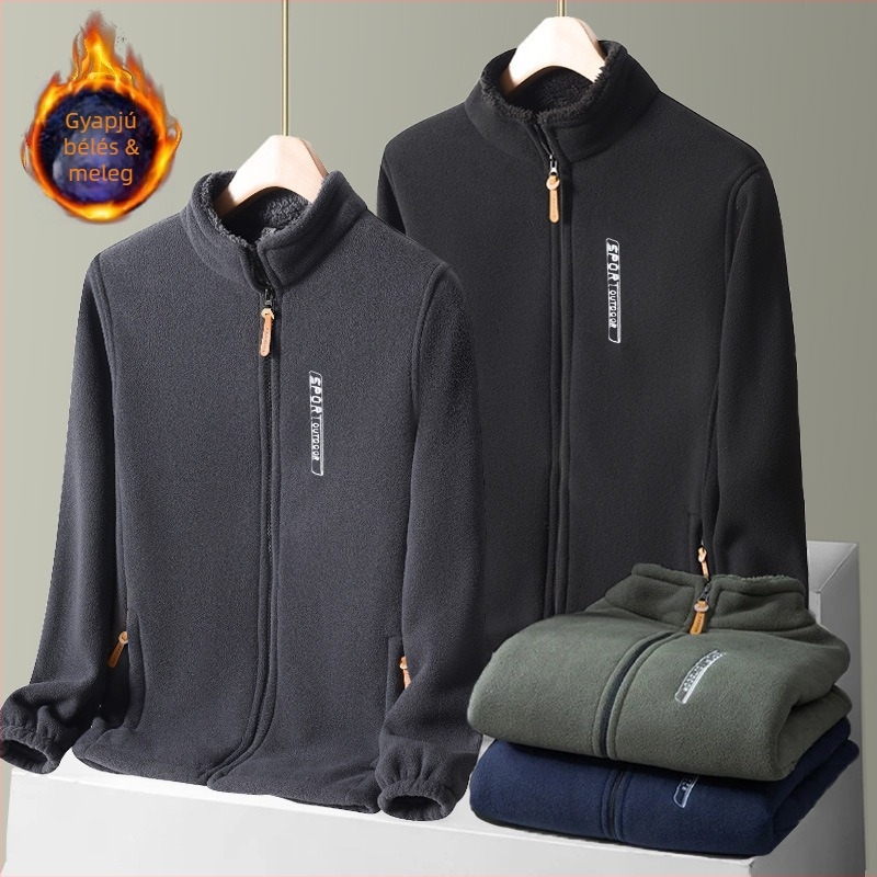 Férfi polár fleece dzseki cipzárral, őszi-téli szezonra, álló gallérral, vastag fleece, kardigán-stílusú pulóver