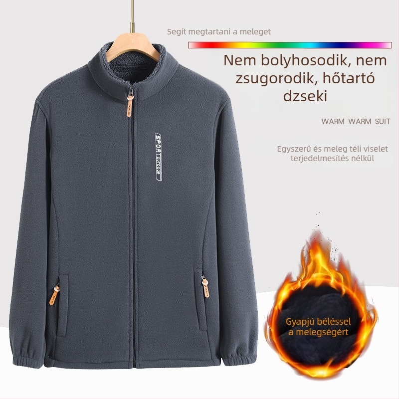 Férfi polár fleece dzseki cipzárral, őszi-téli szezonra, álló gallérral, vastag fleece, kardigán-stílusú pulóver