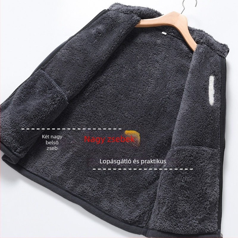 Férfi polár fleece dzseki cipzárral, őszi-téli szezonra, álló gallérral, vastag fleece, kardigán-stílusú pulóver