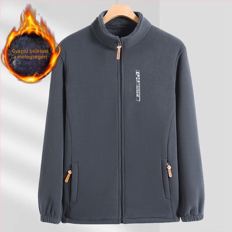 Férfi polár fleece dzseki cipzárral, őszi-téli szezonra, álló gallérral, vastag fleece, kardigán-stílusú pulóver