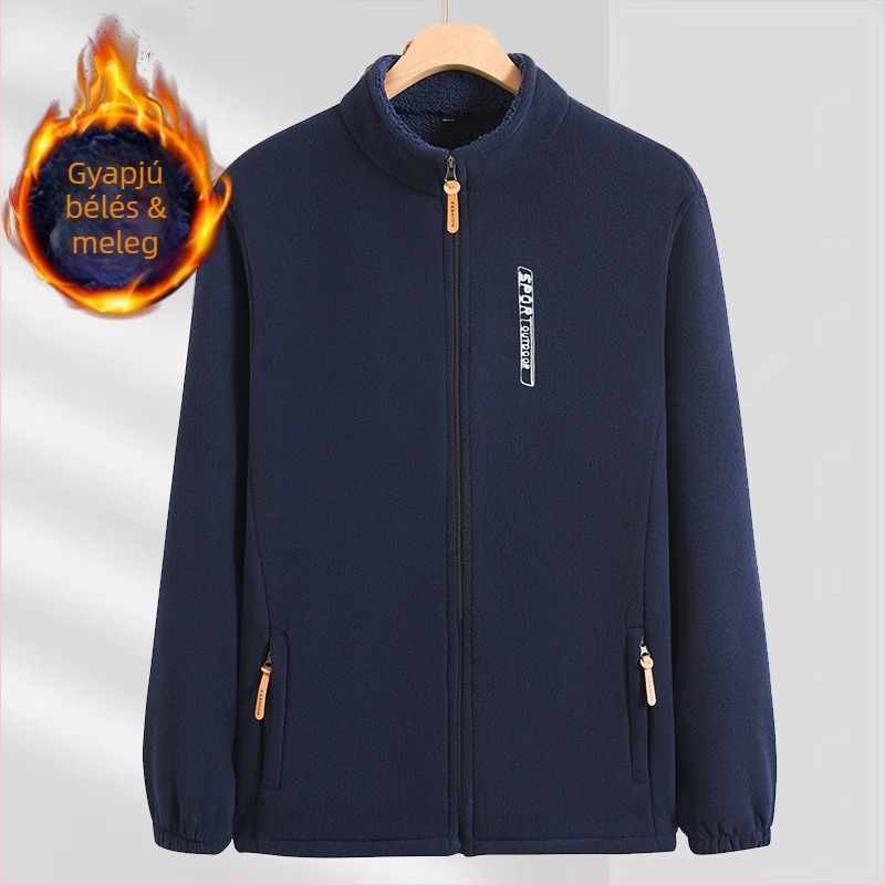 Férfi polár fleece dzseki cipzárral, őszi-téli szezonra, álló gallérral, vastag fleece, kardigán-stílusú pulóver