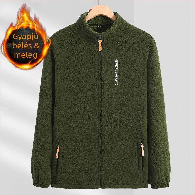 Férfi polár fleece dzseki cipzárral, őszi-téli szezonra, álló gallérral, vastag fleece, kardigán-stílusú pulóver