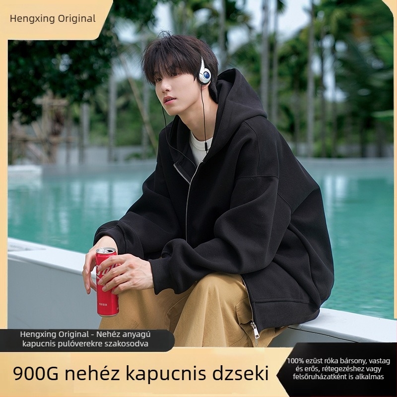 900 g súlyú kapucnis cipzáros egyszínű pulóver, uniszex, laza szabás, fleece bélés