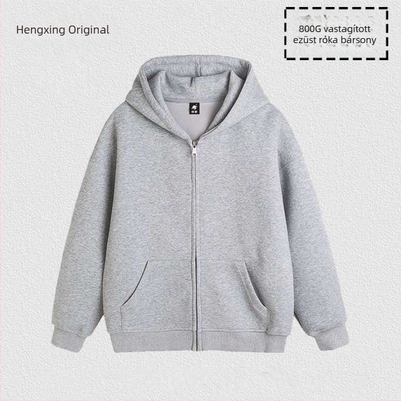 900 g súlyú kapucnis cipzáros egyszínű pulóver, uniszex, laza szabás, fleece bélés