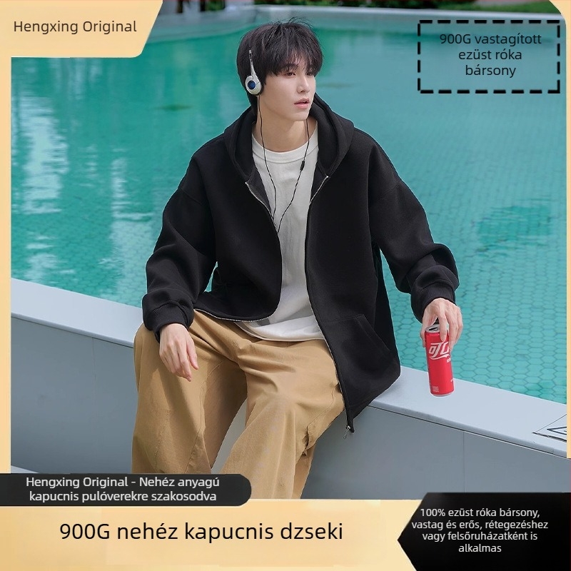 900 g súlyú kapucnis cipzáros egyszínű pulóver, uniszex, laza szabás, fleece bélés