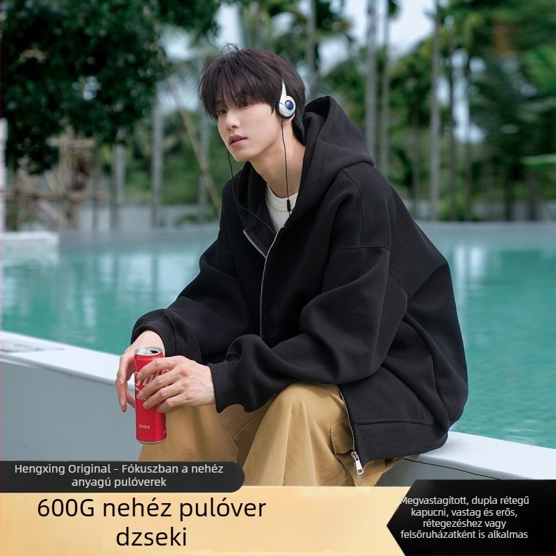 900 g súlyú kapucnis cipzáros egyszínű pulóver, uniszex, laza szabás, fleece bélés
