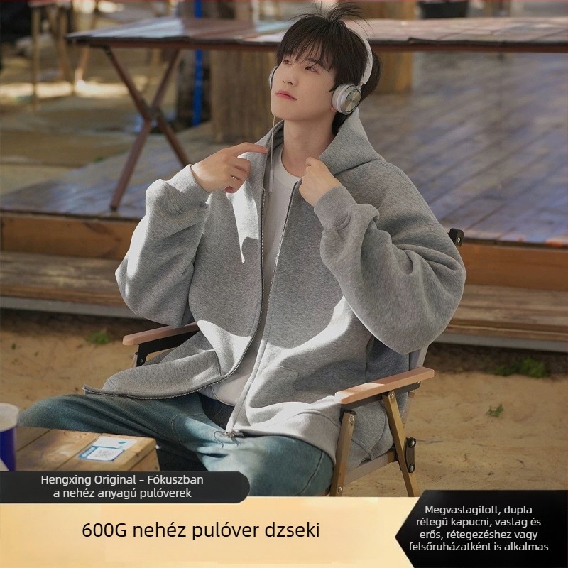 900 g súlyú kapucnis cipzáros egyszínű pulóver, uniszex, laza szabás, fleece bélés