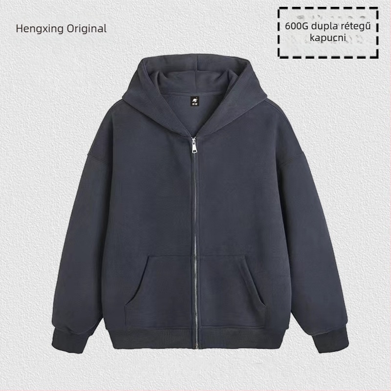 900 g súlyú kapucnis cipzáros egyszínű pulóver, uniszex, laza szabás, fleece bélés