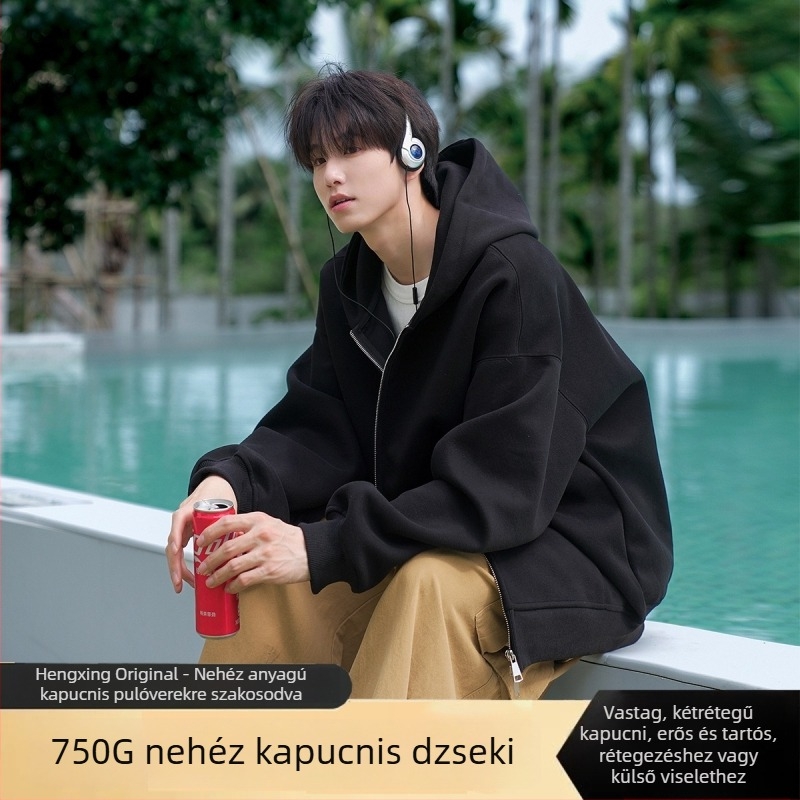 900 g súlyú kapucnis cipzáros egyszínű pulóver, uniszex, laza szabás, fleece bélés