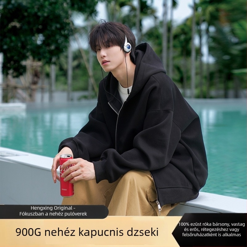 900 g súlyú kapucnis cipzáros egyszínű pulóver, uniszex, laza szabás, fleece bélés