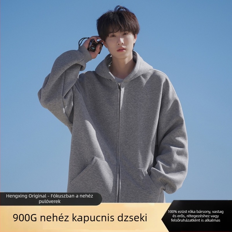 900 g súlyú kapucnis cipzáros egyszínű pulóver, uniszex, laza szabás, fleece bélés