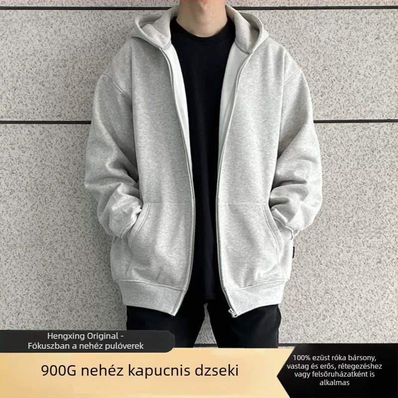 900 g súlyú kapucnis cipzáros egyszínű pulóver, uniszex, laza szabás, fleece bélés