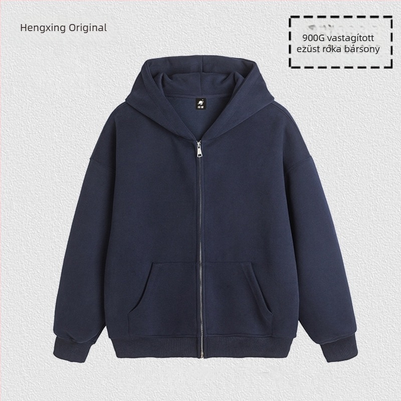 900 g súlyú kapucnis cipzáros egyszínű pulóver, uniszex, laza szabás, fleece bélés
