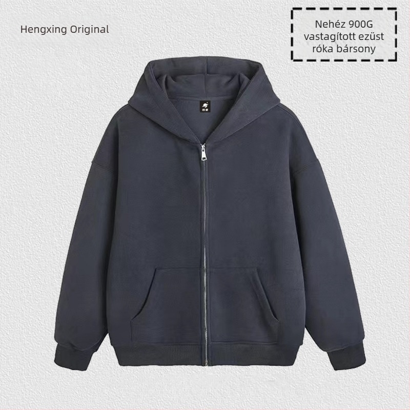 900 g súlyú kapucnis cipzáros egyszínű pulóver, uniszex, laza szabás, fleece bélés