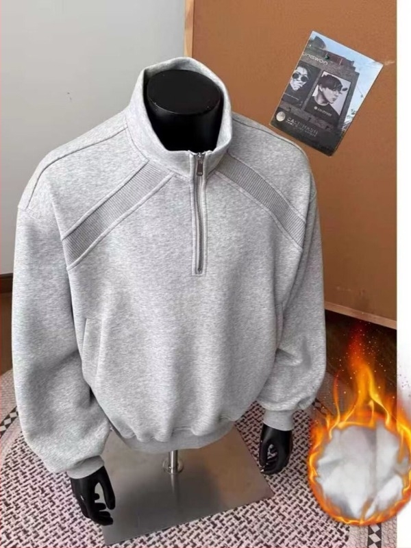 Férfi fleece pulóver félzipzárral, amerikai retro stílus, lazán szabott téli felső