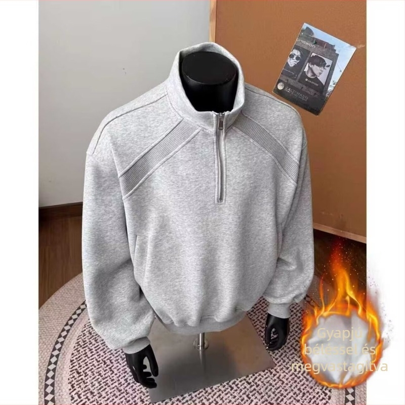 Férfi fleece pulóver félzipzárral, amerikai retro stílus, lazán szabott téli felső