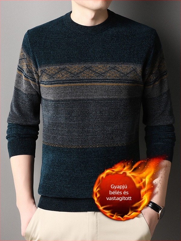 Őszi-téli chenille pulóver fleece béléssel középkorú férfiak számára, jacquard mintás, kerek nyakú, vastag és meleg