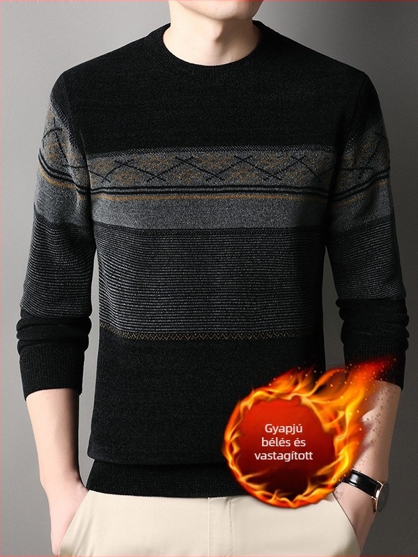 Őszi-téli chenille pulóver fleece béléssel középkorú férfiak számára, jacquard mintás, kerek nyakú, vastag és meleg