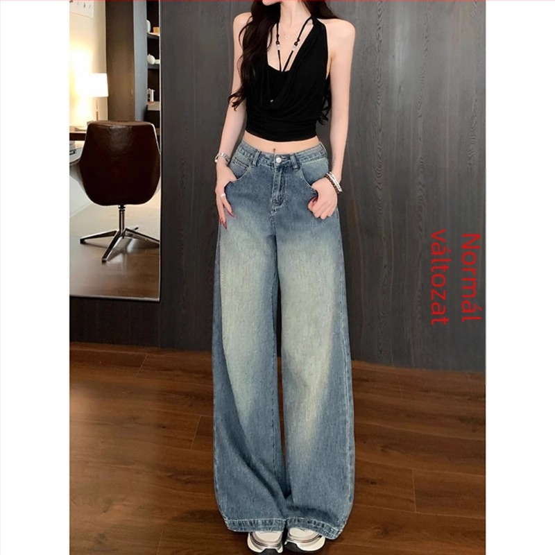 Női denim farmernadrág csillogó strasszokkal, különleges dizájn, laza szabás, széles szárú, egyenes vonal, padlóig érő hosszúságú, 2026 tavasz-ősz