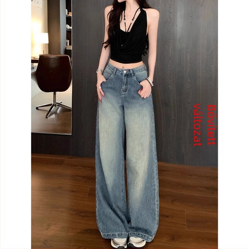 Női denim farmernadrág csillogó strasszokkal, különleges dizájn, laza szabás, széles szárú, egyenes vonal, padlóig érő hosszúságú, 2026 tavasz-ősz