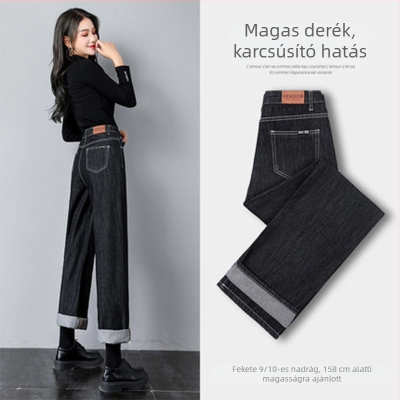Női fleece-öltött denim farmer, rugalmas, egyenes szabású, széles szélességű szárú, téli városi stílus