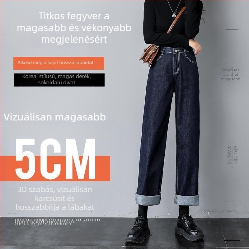 Női fleece-öltött denim farmer, rugalmas, egyenes szabású, széles szélességű szárú, téli városi stílus