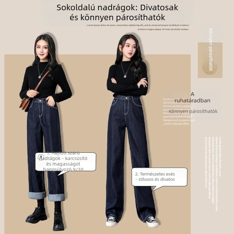 Női fleece-öltött denim farmer, rugalmas, egyenes szabású, széles szélességű szárú, téli városi stílus