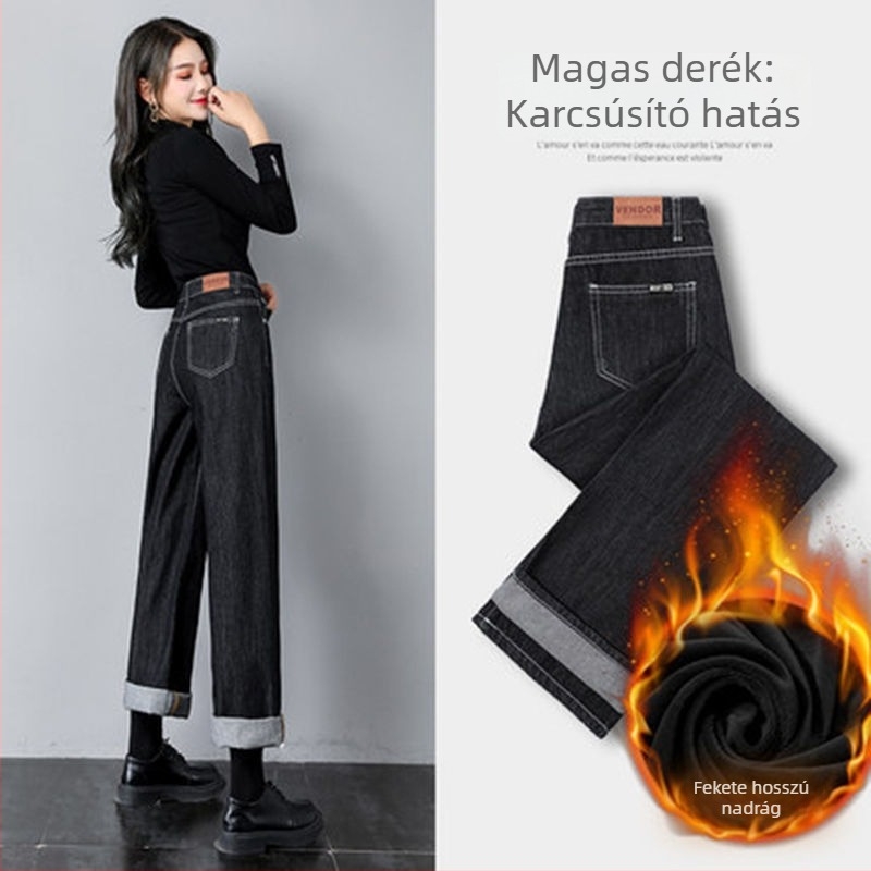 Női fleece-öltött denim farmer, rugalmas, egyenes szabású, széles szélességű szárú, téli városi stílus