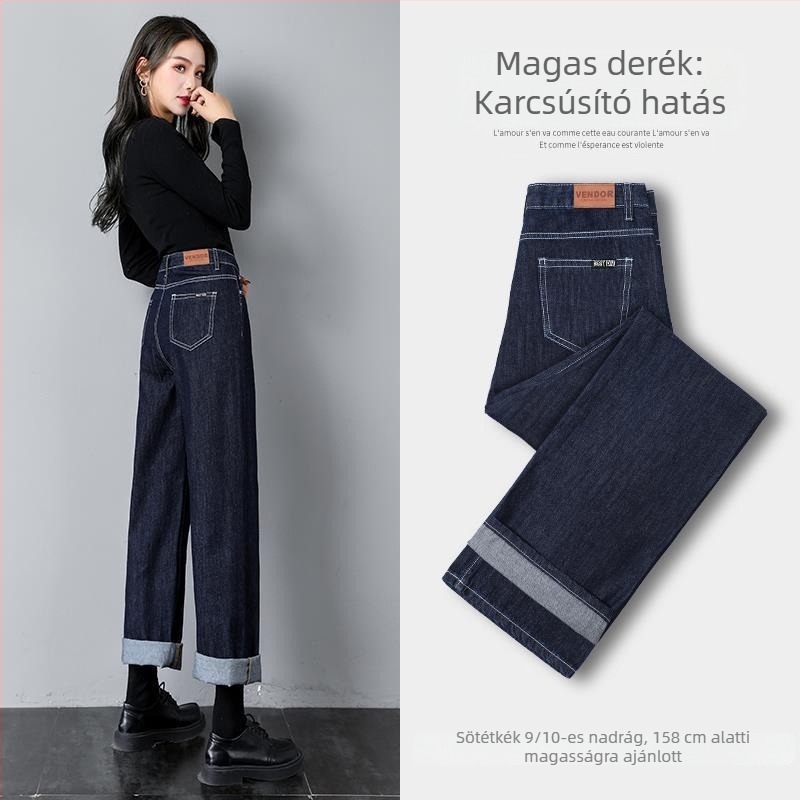 Női fleece-öltött denim farmer, rugalmas, egyenes szabású, széles szélességű szárú, téli városi stílus