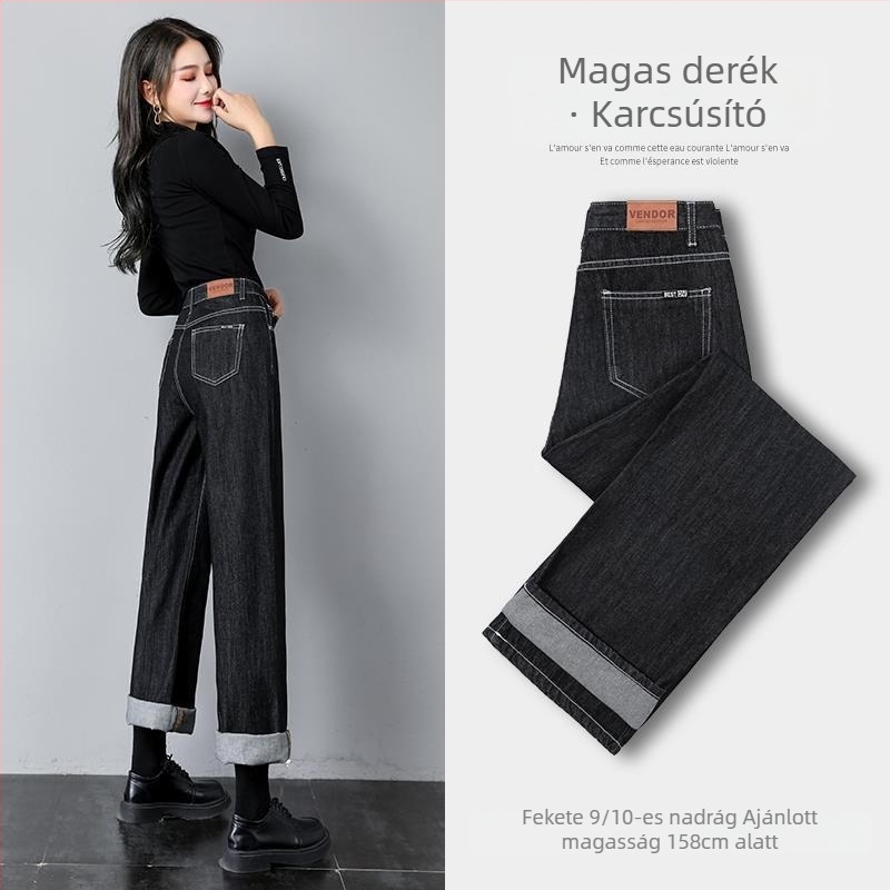 Női fleece-öltött denim farmer, rugalmas, egyenes szabású, széles szélességű szárú, téli városi stílus