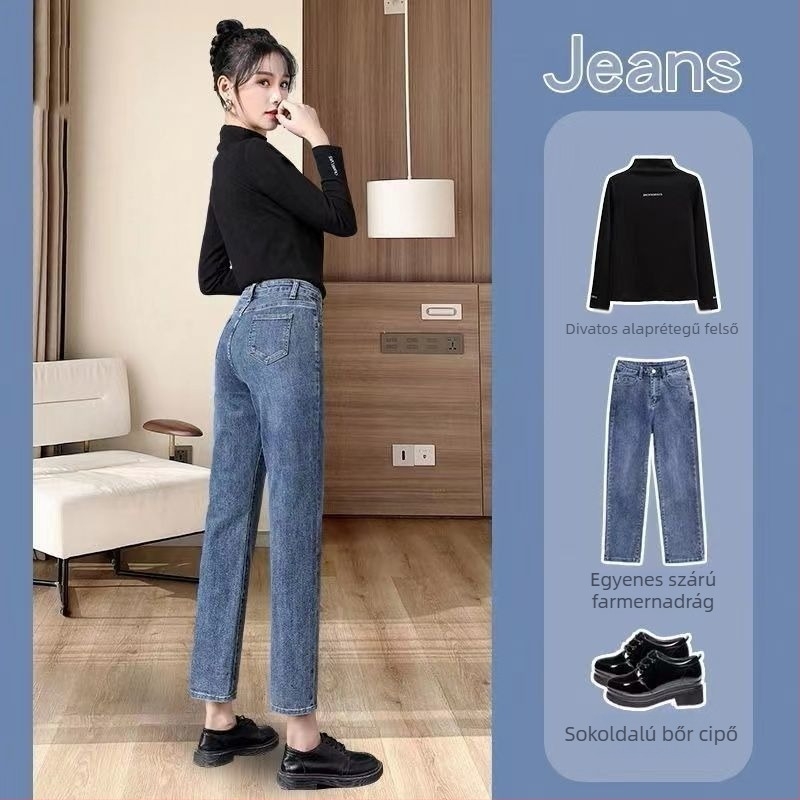 Női fleece-öltött denim farmer, rugalmas, egyenes szabású, széles szélességű szárú, téli városi stílus
