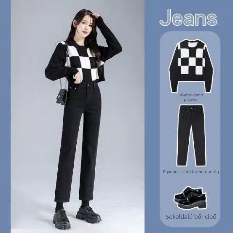 Női fleece-öltött denim farmer, rugalmas, egyenes szabású, széles szélességű szárú, téli városi stílus