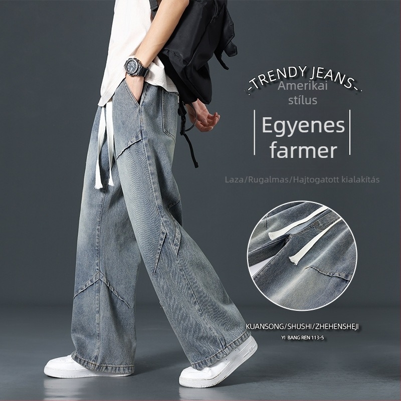 Férfi denim farmernadrág, M-8XL méret, egyenes szabás, mosott hatás, középső derék, cipzáros zárás, pamut-denim, mind a négy évszakra, mindennapi viselet