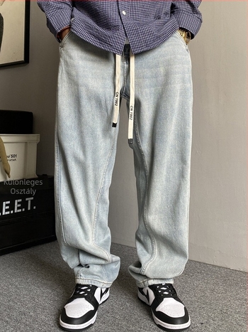 8XL férfi farmernadrág, laza szabású, egyenes szárú, széles fazon, húzózsinórral, pamut-denim