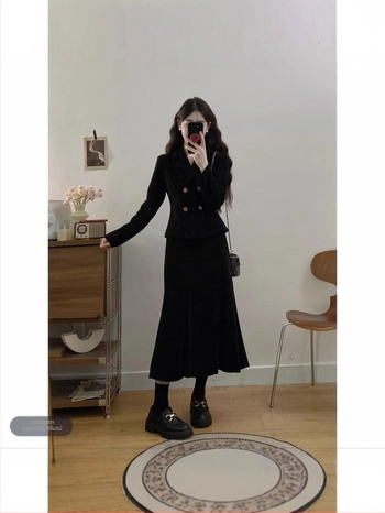Plusz méretű női kosztüm ősz-tél Hepburn-stílusban: corduroy waist jacket és fishtail skirt, kétrészes szett
