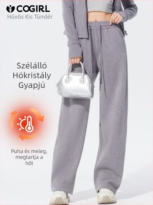 Női téli szélálló nadrág ívelt szabású, egyenes, széles szárú, bélelt, mindennapi sportnadrág