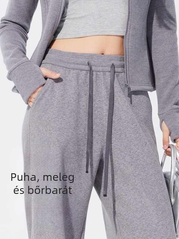 Női téli szélálló nadrág ívelt szabású, egyenes, széles szárú, bélelt, mindennapi sportnadrág