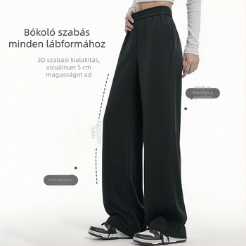 Új női széles lábú nadrág, homokmosott felülettel, laza szabás, zsebek, magas derék, téli fleece bélésű, casual nadrág