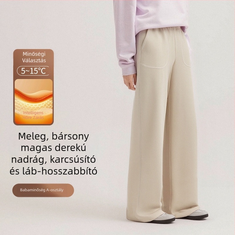 Új női széles lábú nadrág, homokmosott felülettel, laza szabás, zsebek, magas derék, téli fleece bélésű, casual nadrág